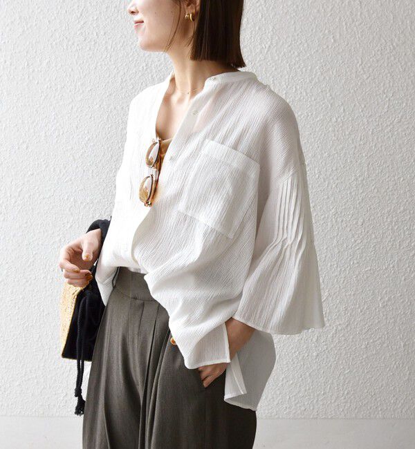 SHIPS any「SHIPS any:〈洗濯機可能〉楊柳 シアー バンド カラー フレア シャツ」|シャツ・ブラウス|