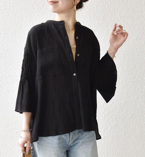 SHIPS any「SHIPS any:〈洗濯機可能〉楊柳 シアー バンド カラー フレア シャツ」|シャツ・ブラウス|