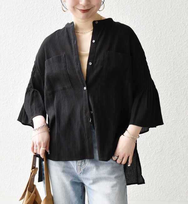 SHIPS any「SHIPS any:〈洗濯機可能〉楊柳 シアー バンド カラー フレア シャツ」|シャツ・ブラウス|