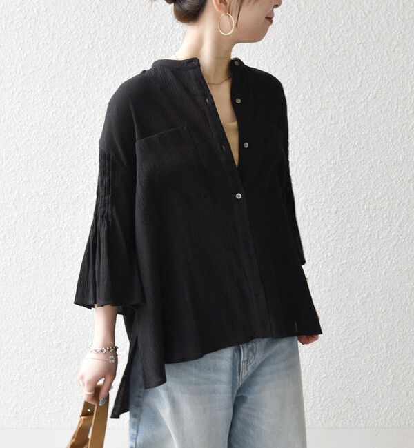 SHIPS any「SHIPS any:〈洗濯機可能〉楊柳 シアー バンド カラー フレア シャツ」|シャツ・ブラウス|