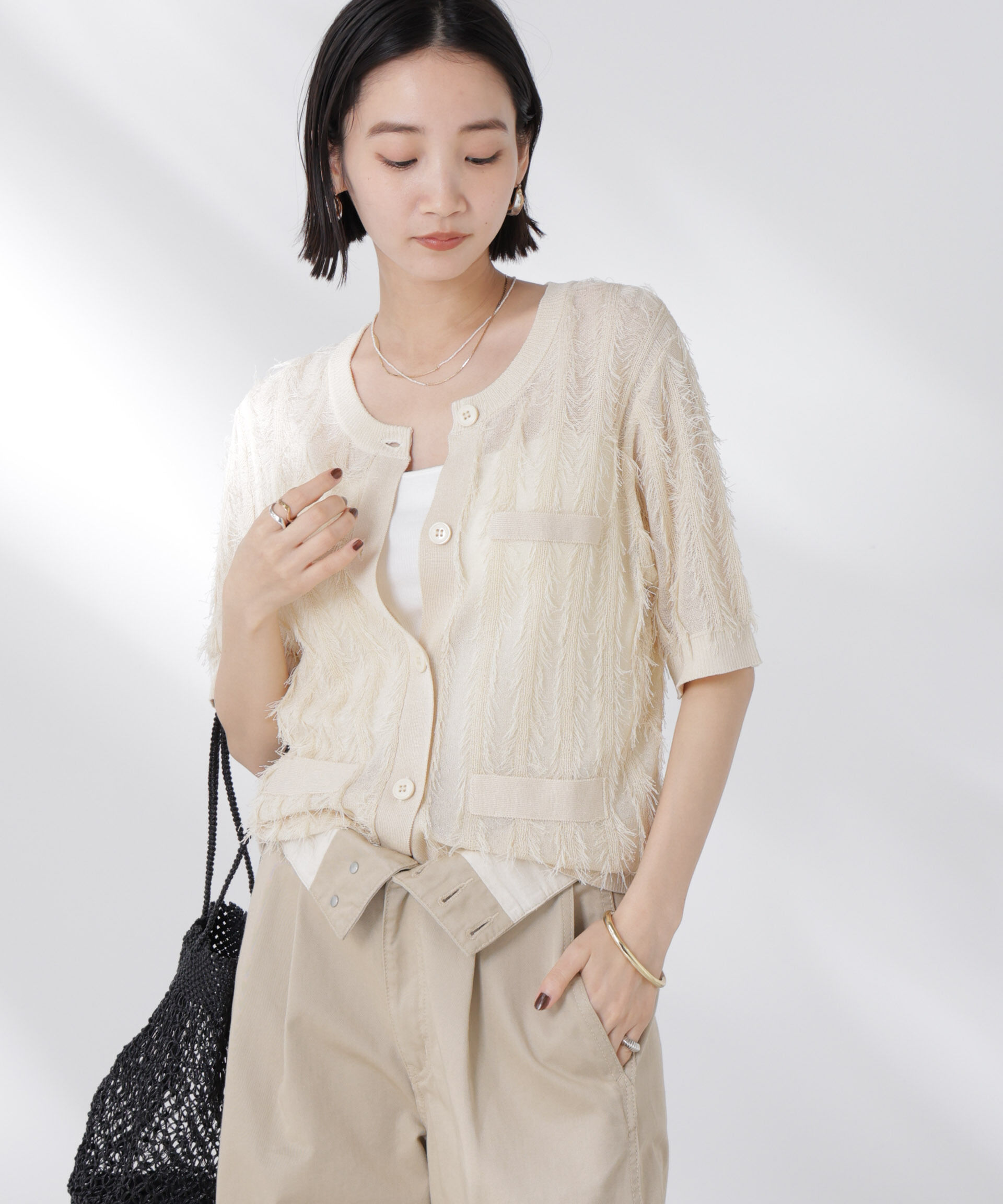 nano･universe「カットフリンジニットカーディガン」|ニット・セーター|ライトベージ 1