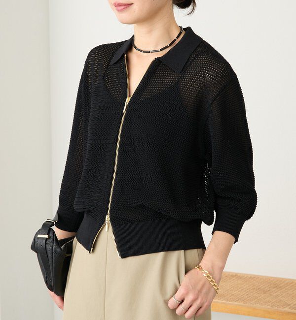  「予約【抜け感】ZIPポロメッシュニット」|カーディガン|