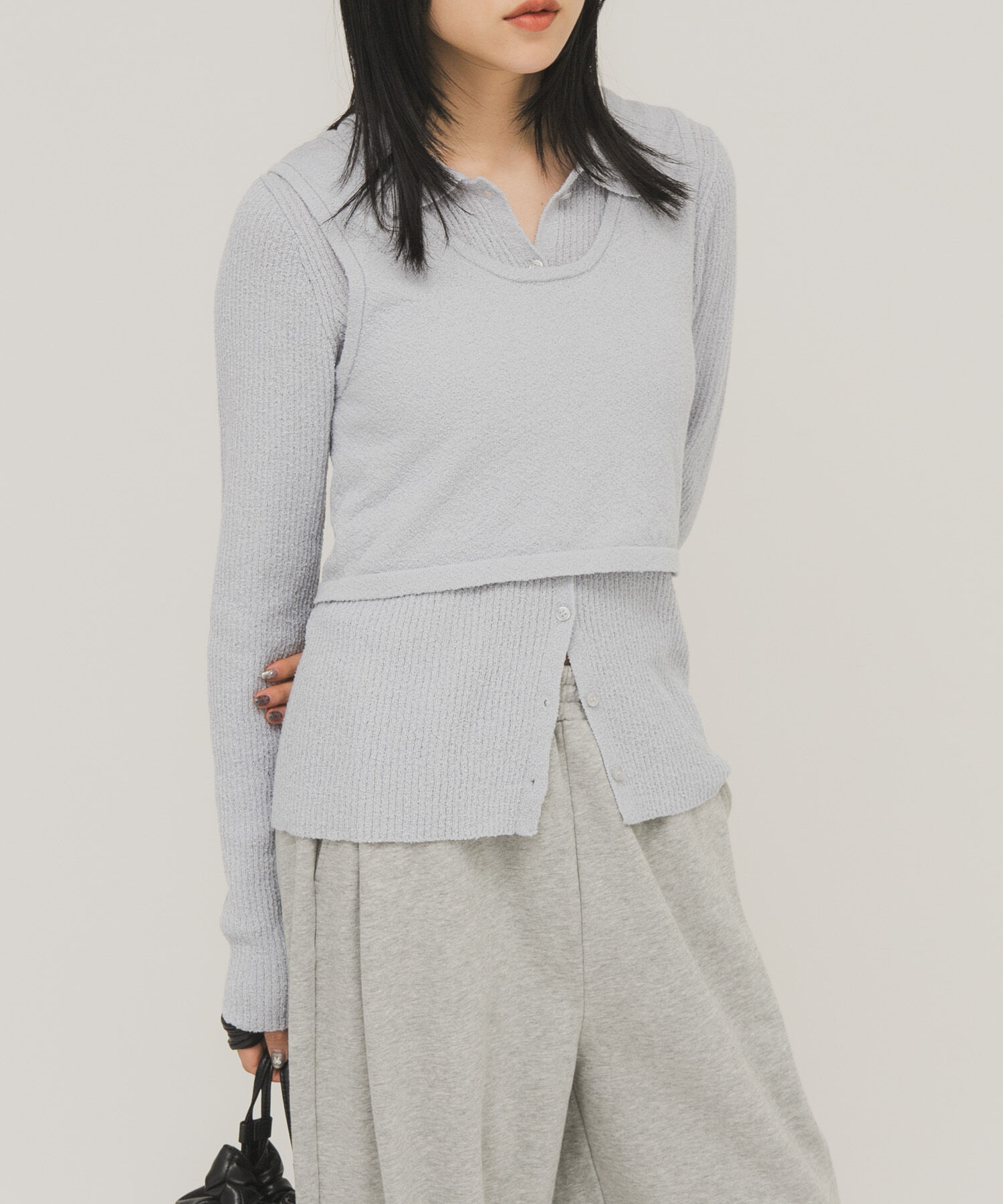  「『一部WEB限定カラー』ミニブークレレイヤードニットシャツ」|ニット・セーター|ライトブルー