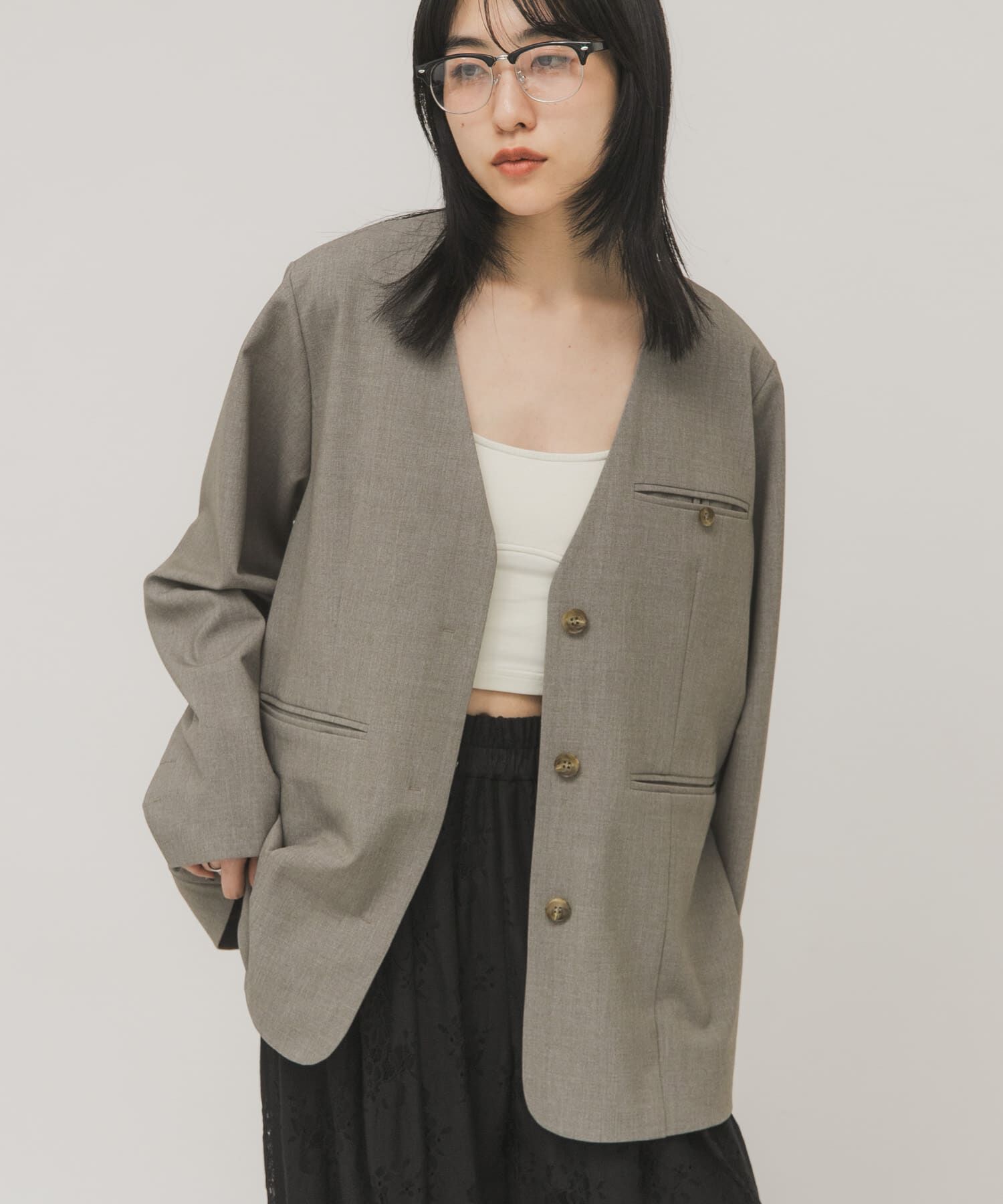  「ノーカラーデザインジャケット」|ノーカラージャケット|