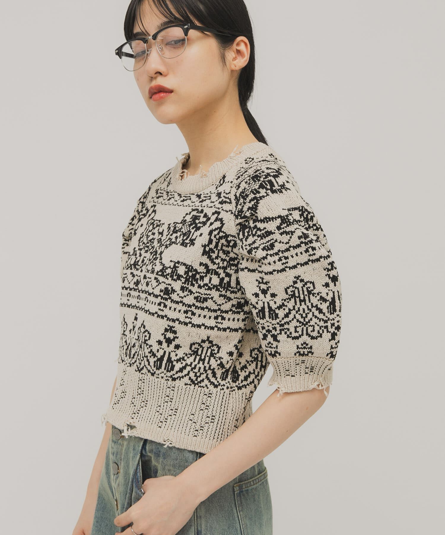  「ジャガードハーフスリーブニット」|ニット・セーター|