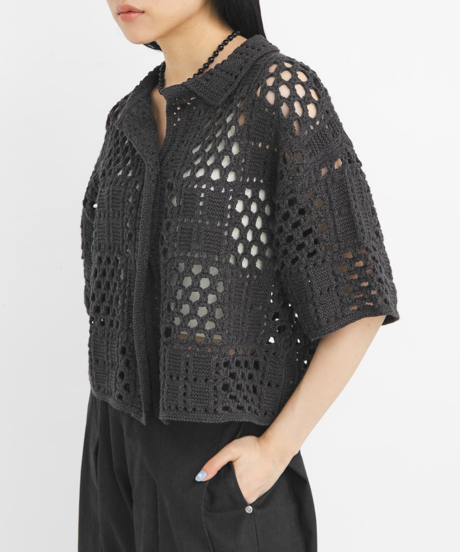  「クロシェニットシャツ」|ニット・セーター|チャコールグレー