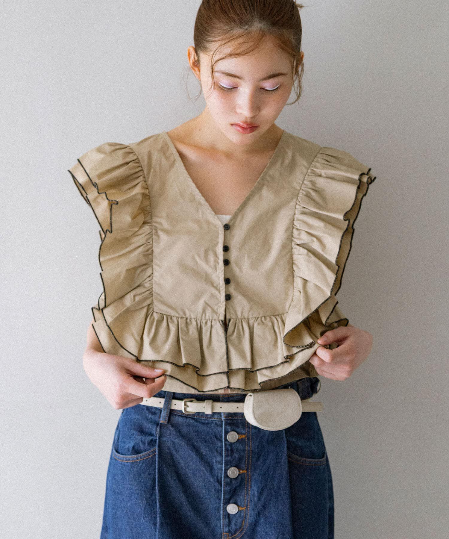  「2WAYバイカラーフリルブラウス」|シャツ・ブラウス|ベージュ