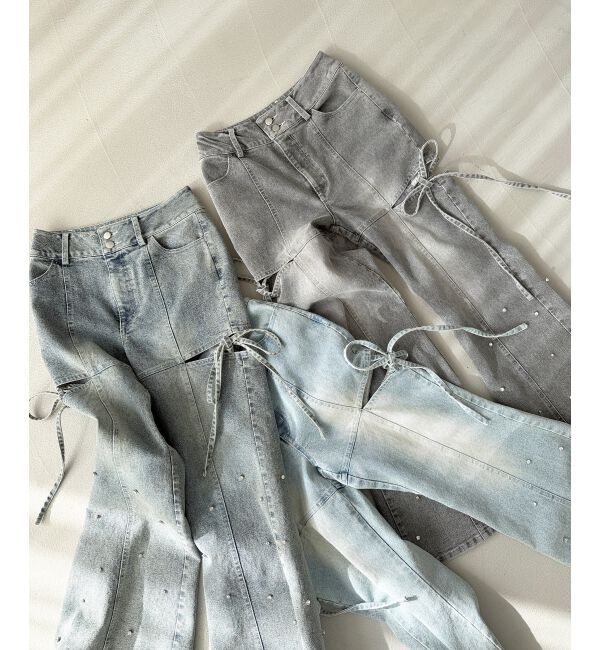  「スリットビジューフレアデニムパンツ」|デニム|