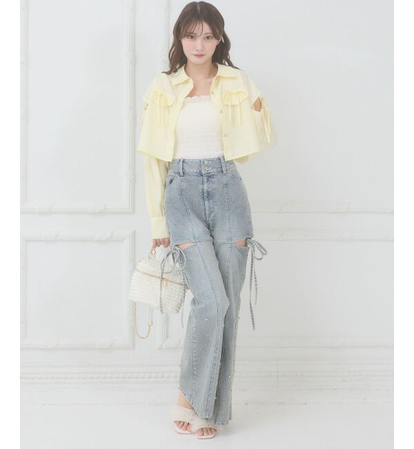  「スリットビジューフレアデニムパンツ」|デニム|