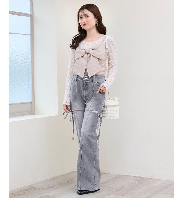  「スリットビジューフレアデニムパンツ」|デニム|