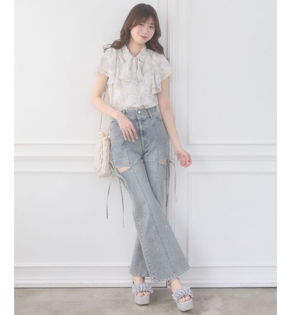  「スリットビジューフレアデニムパンツ」|デニム|