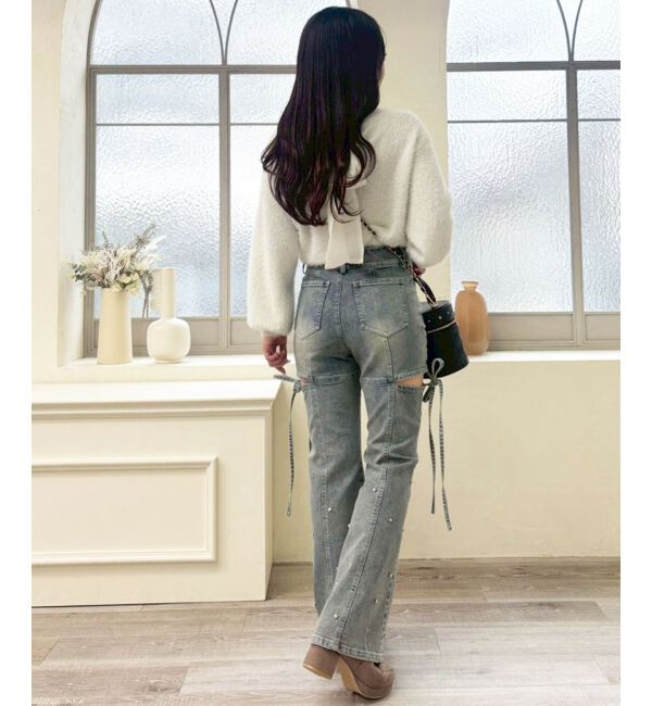  「スリットビジューフレアデニムパンツ」|デニム|