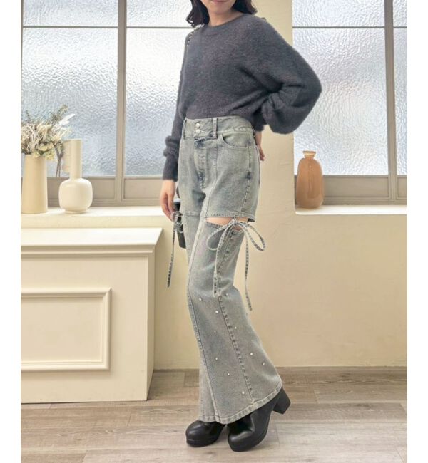  「スリットビジューフレアデニムパンツ」|デニム|