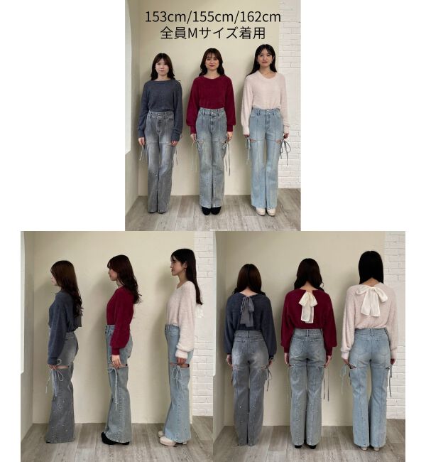  「スリットビジューフレアデニムパンツ」|デニム|