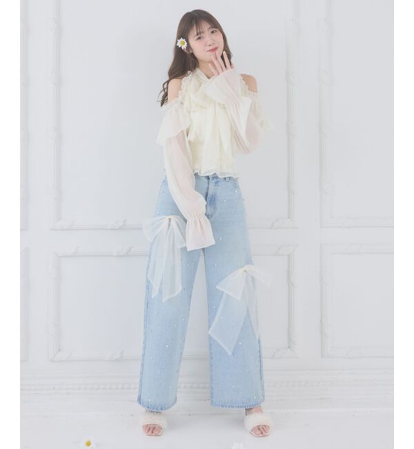  「リボンブローチセットキラキラデニム」|デニム|