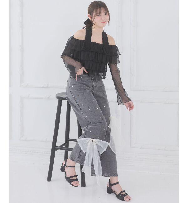  「リボンブローチセットキラキラデニム」|デニム|グレー