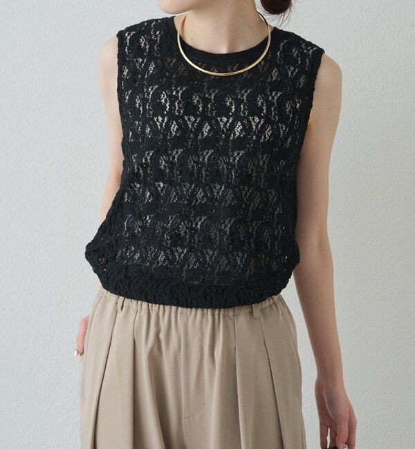 「ストレッチレースノースリーブTシャツ」|Tシャツ・カットソー|ブラック