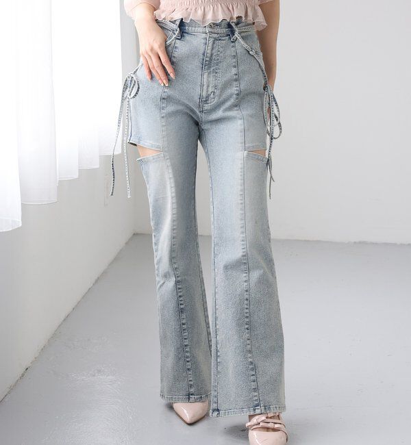  「【SMサイズ展開あり】サイドスリットフレアリボンデニムパンツ」|その他|