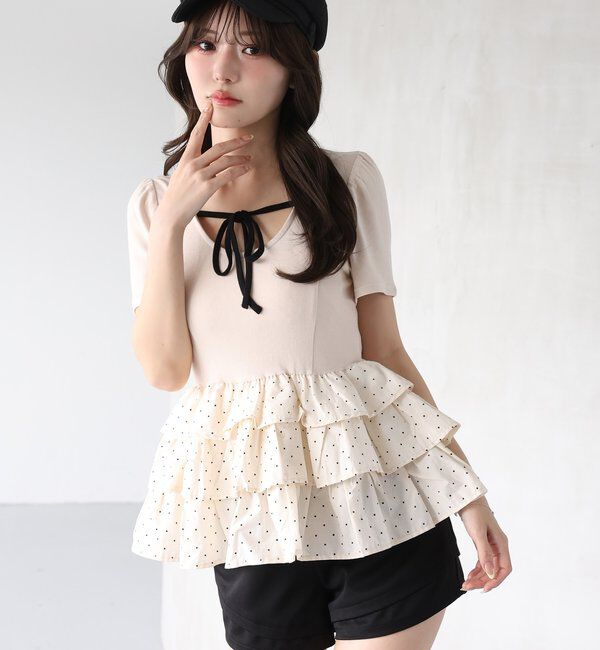  「リボン付き裾フリルトップス」|プルオーバー|ベージュ