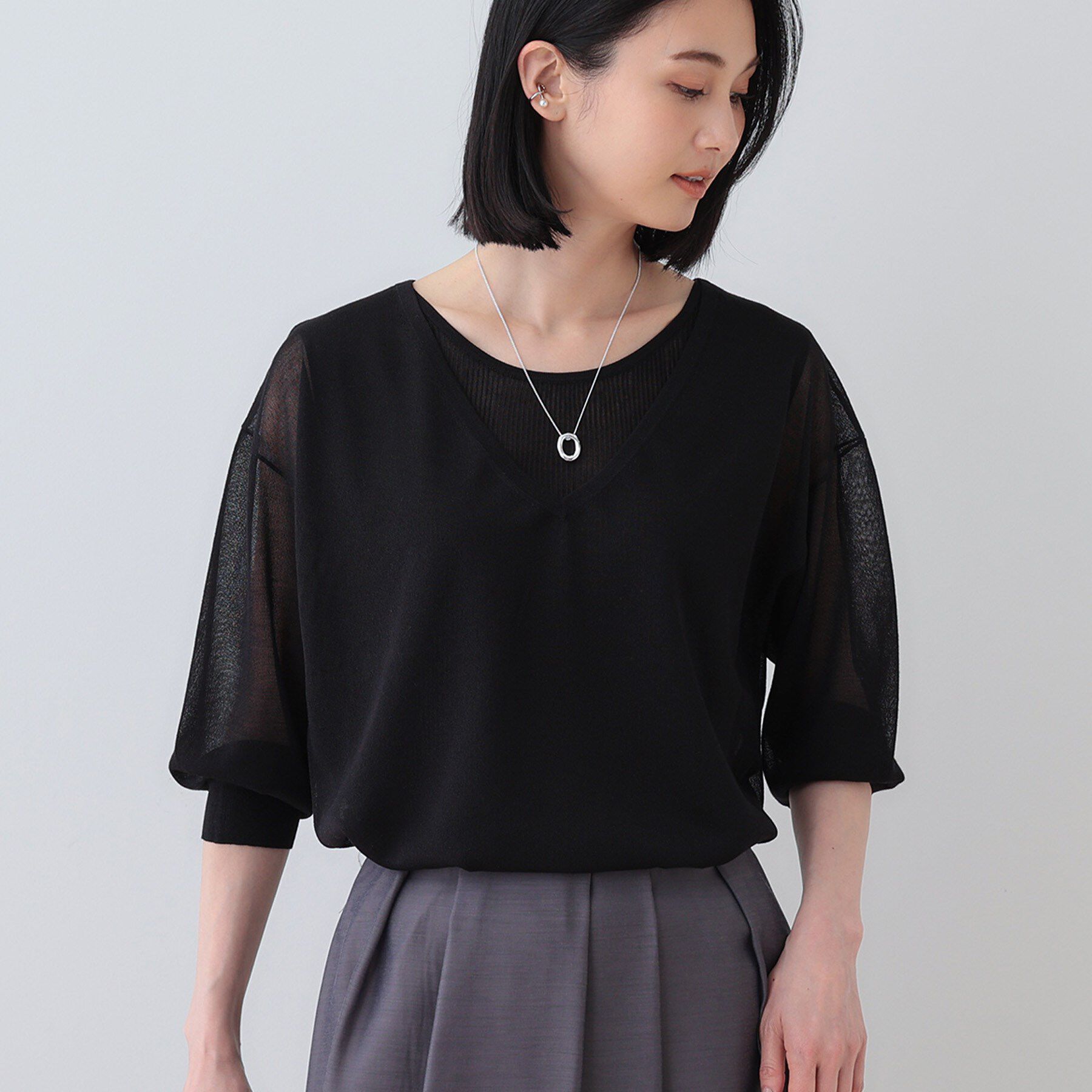 INDIVI「【洗える／シアーラメ】レイヤード風ニット」|ニット・セーター|ブラック(019)