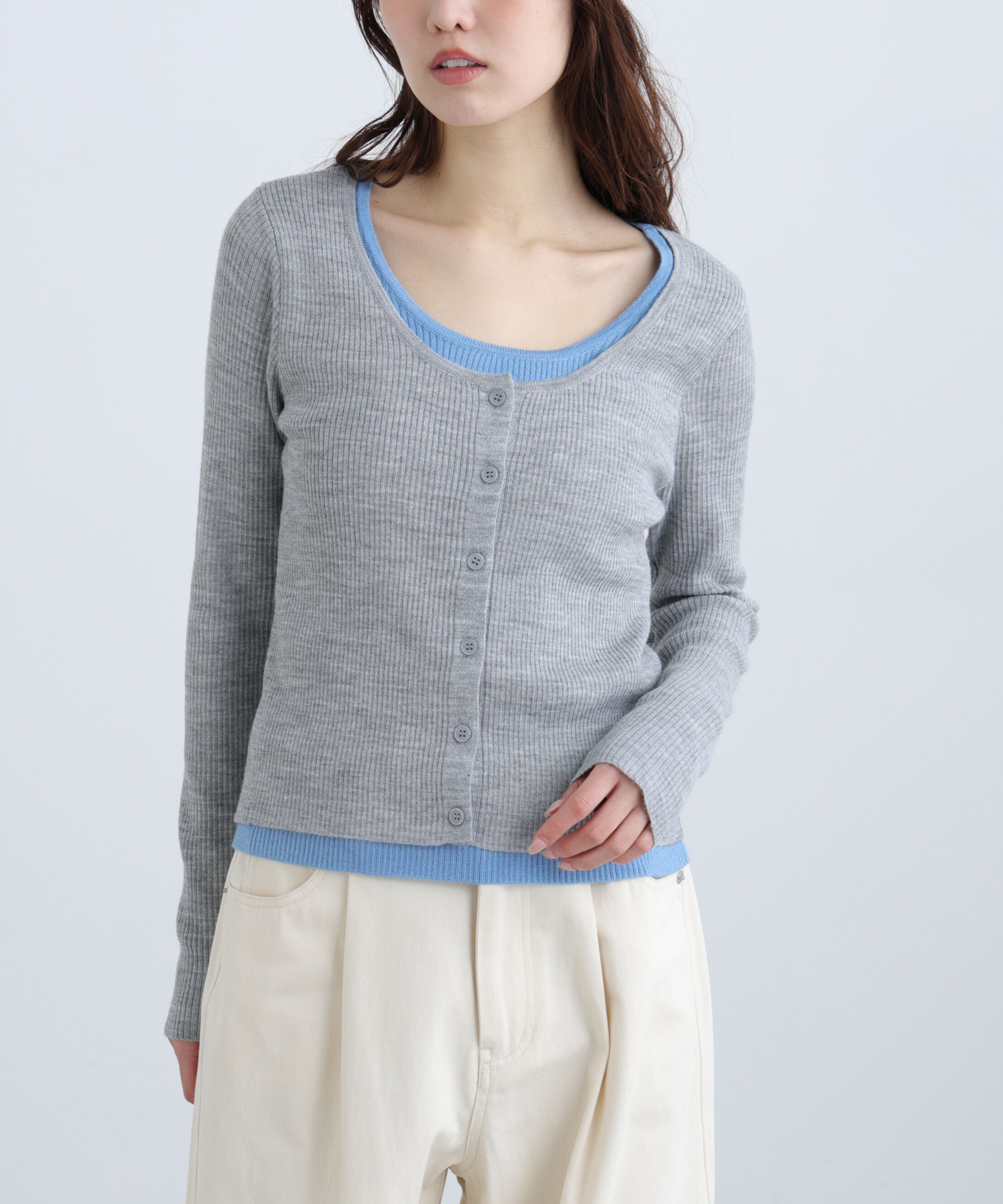  「配色レイヤードリブニットカーディガン」|ニット・セーター|