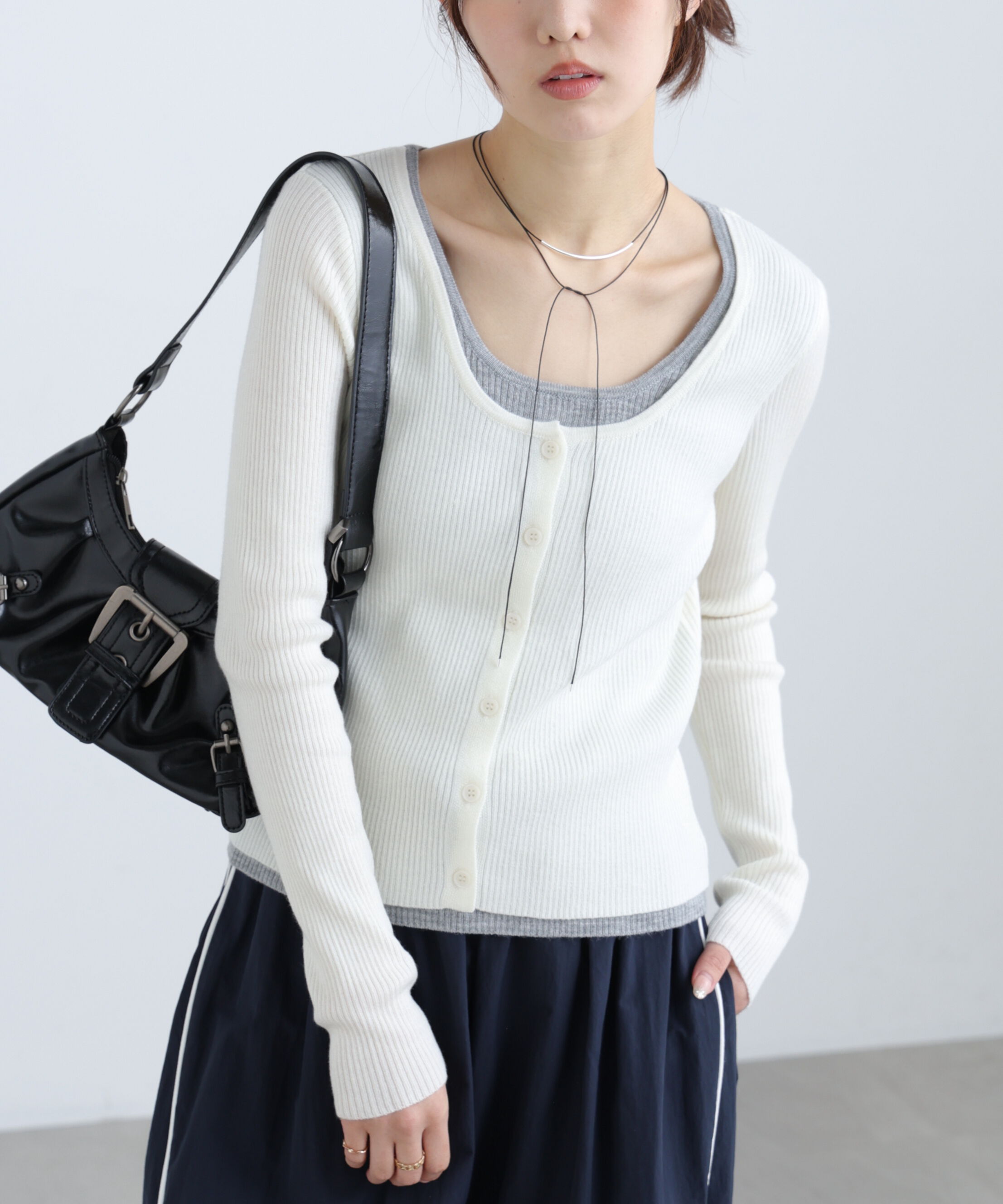  「配色レイヤードリブニットカーディガン」|ニット・セーター|