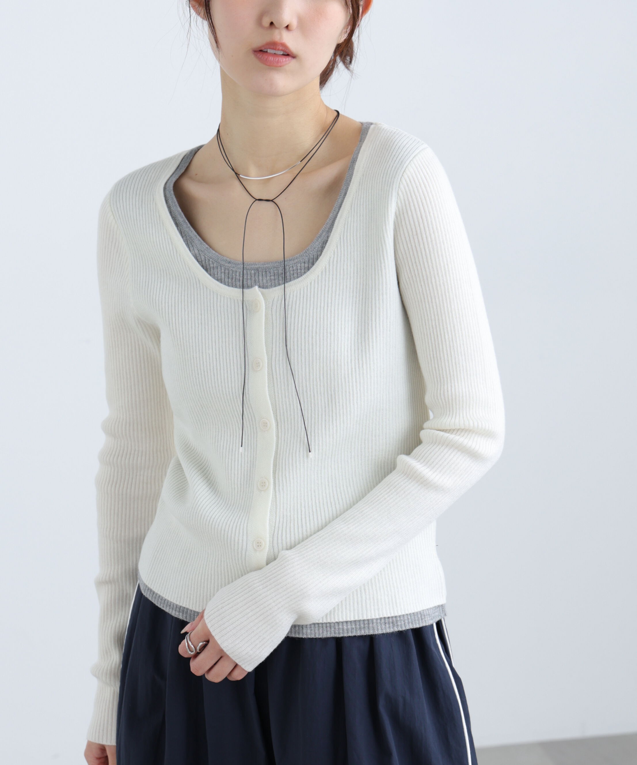  「配色レイヤードリブニットカーディガン」|ニット・セーター|