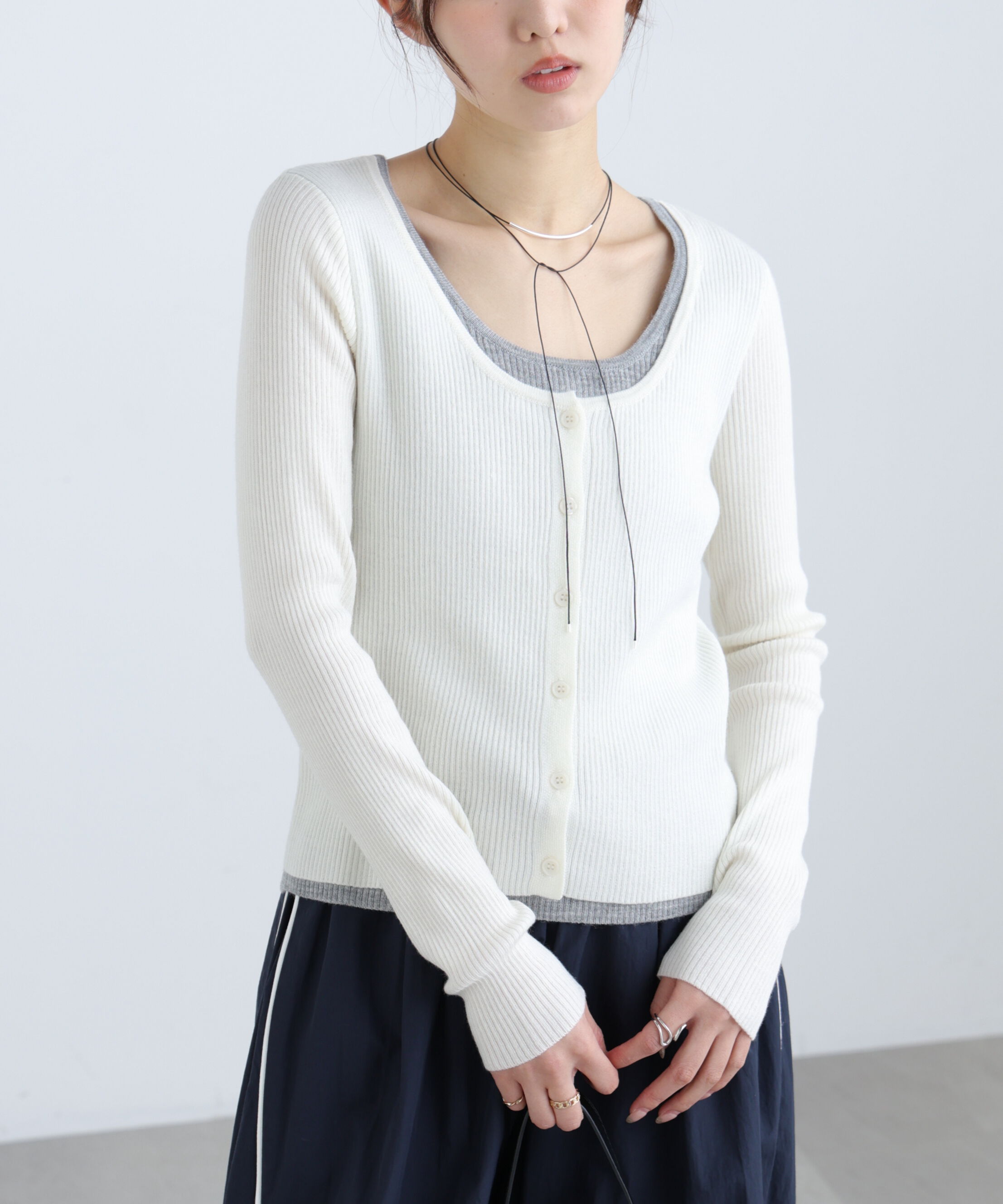  「配色レイヤードリブニットカーディガン」|ニット・セーター|