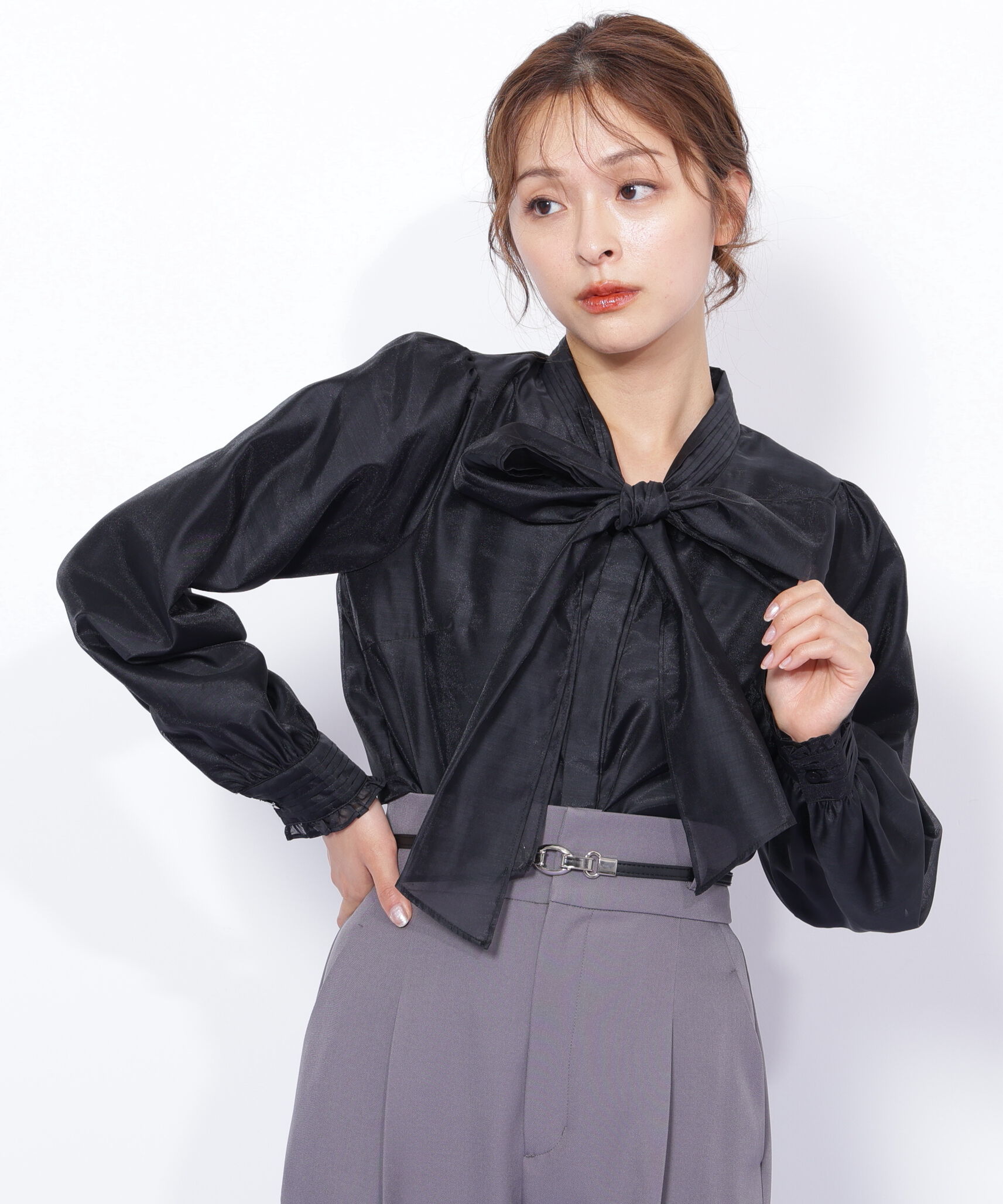  「ピンタックビッグリボンブラウス」|シャツ・ブラウス|ブラック