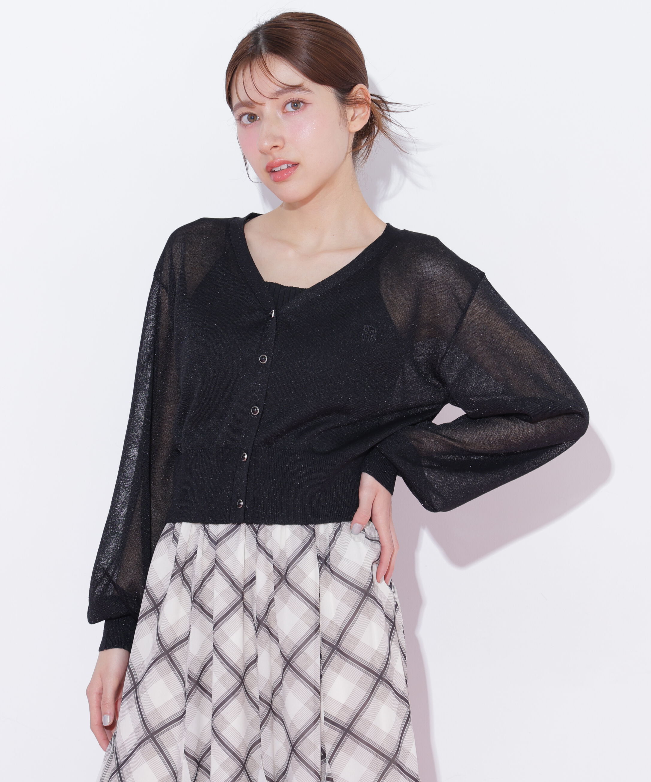  「シャイニーシアーカーディガン」|ニット・セーター|ブラック