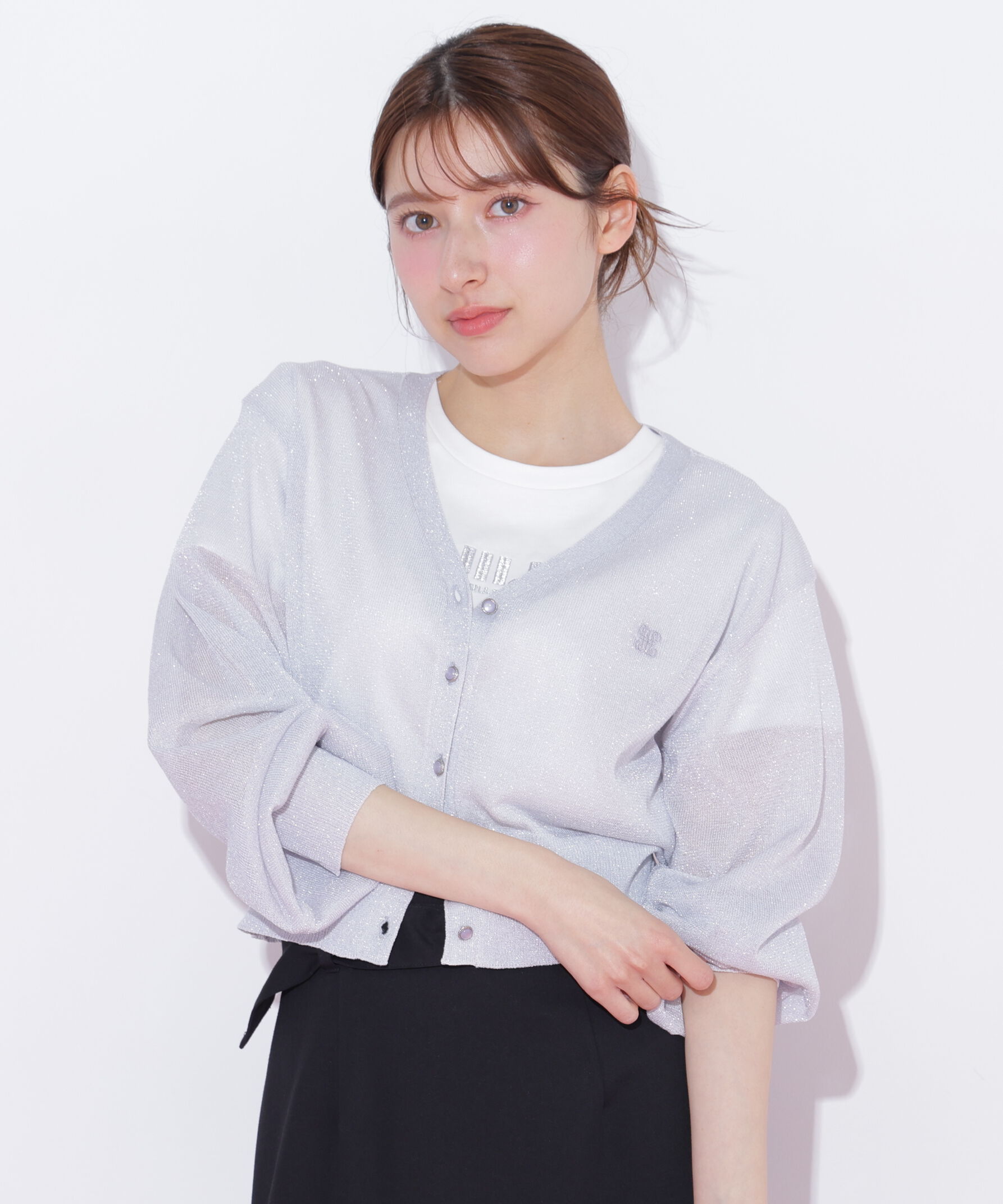  「シャイニーシアーカーディガン」|ニット・セーター|グレー