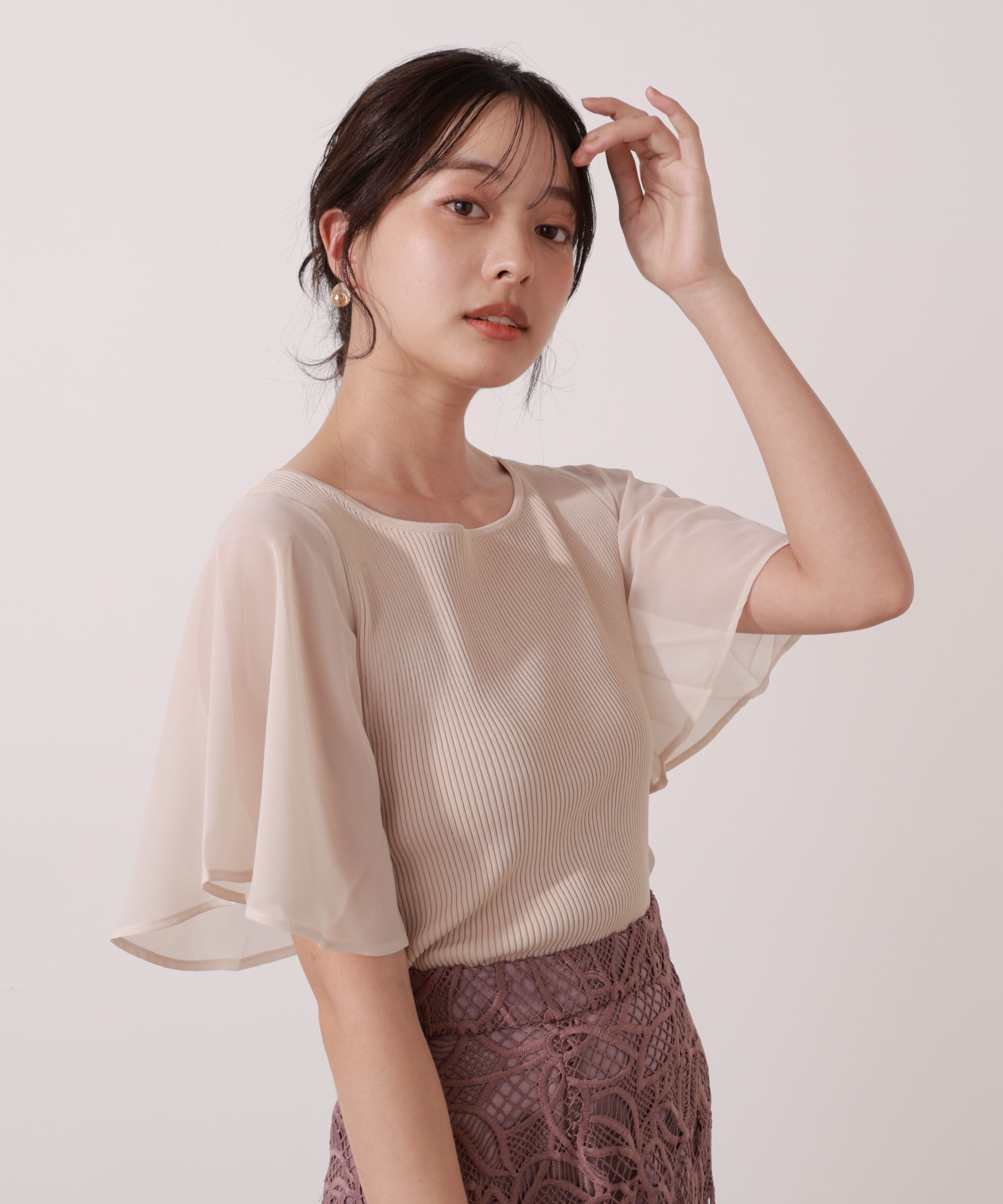 PROPORTION BODY DRESSING「シアーフレアスリーブリブニット」|ニット・セーター|ベージュ