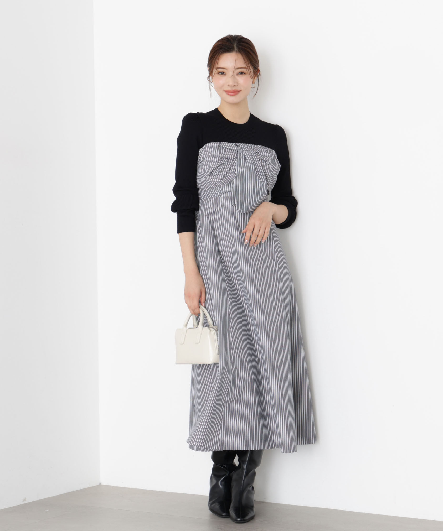 PROPORTION BODY DRESSING「フロントリボンドッキングワンピース 25AW」|ワンピース|ブラック&times;ブ  1