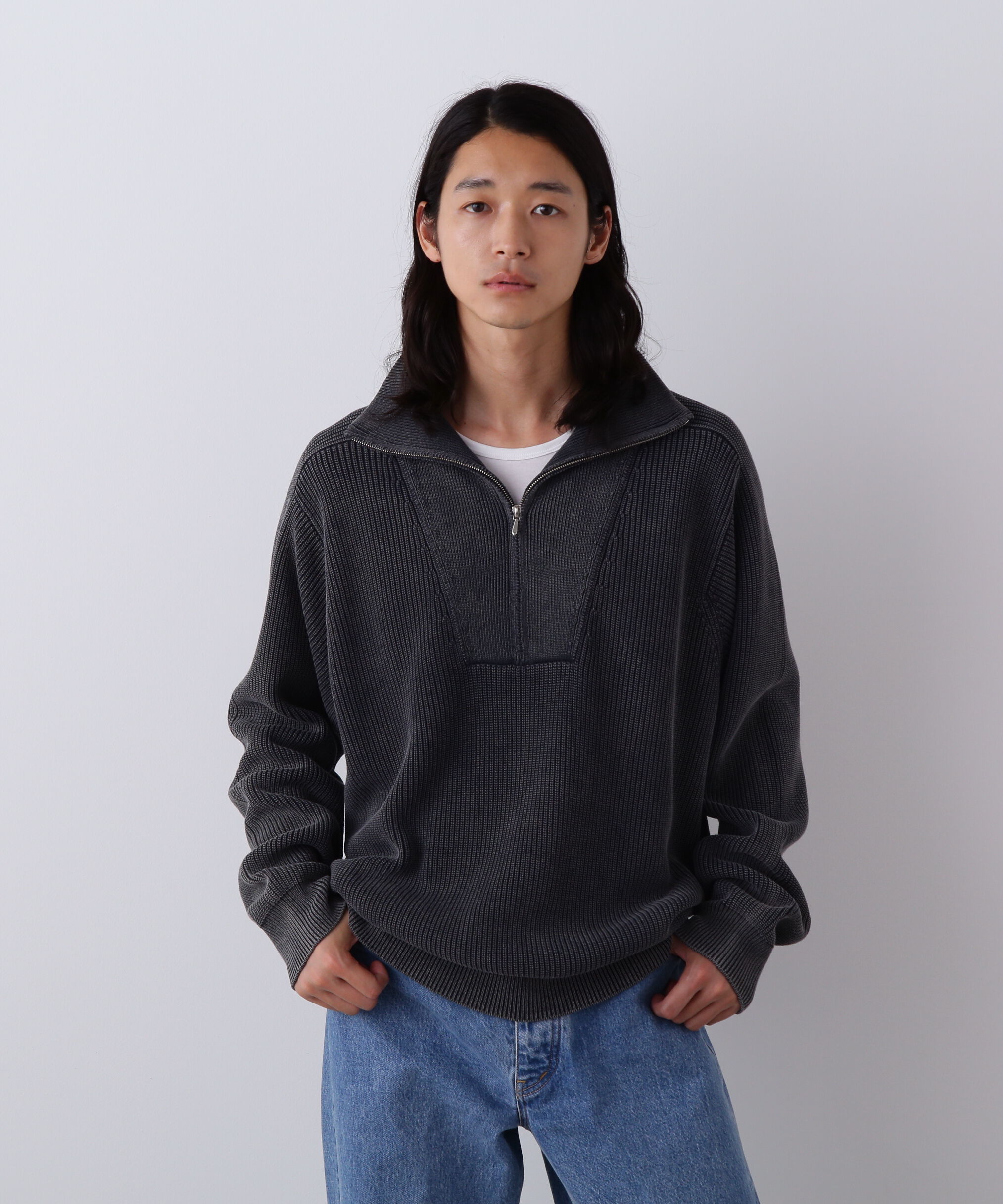 YLEVE 「YLEVE / FADED STONEWASH KNIT ZIP PULLOVER」|ニット・セーター|ネイビー