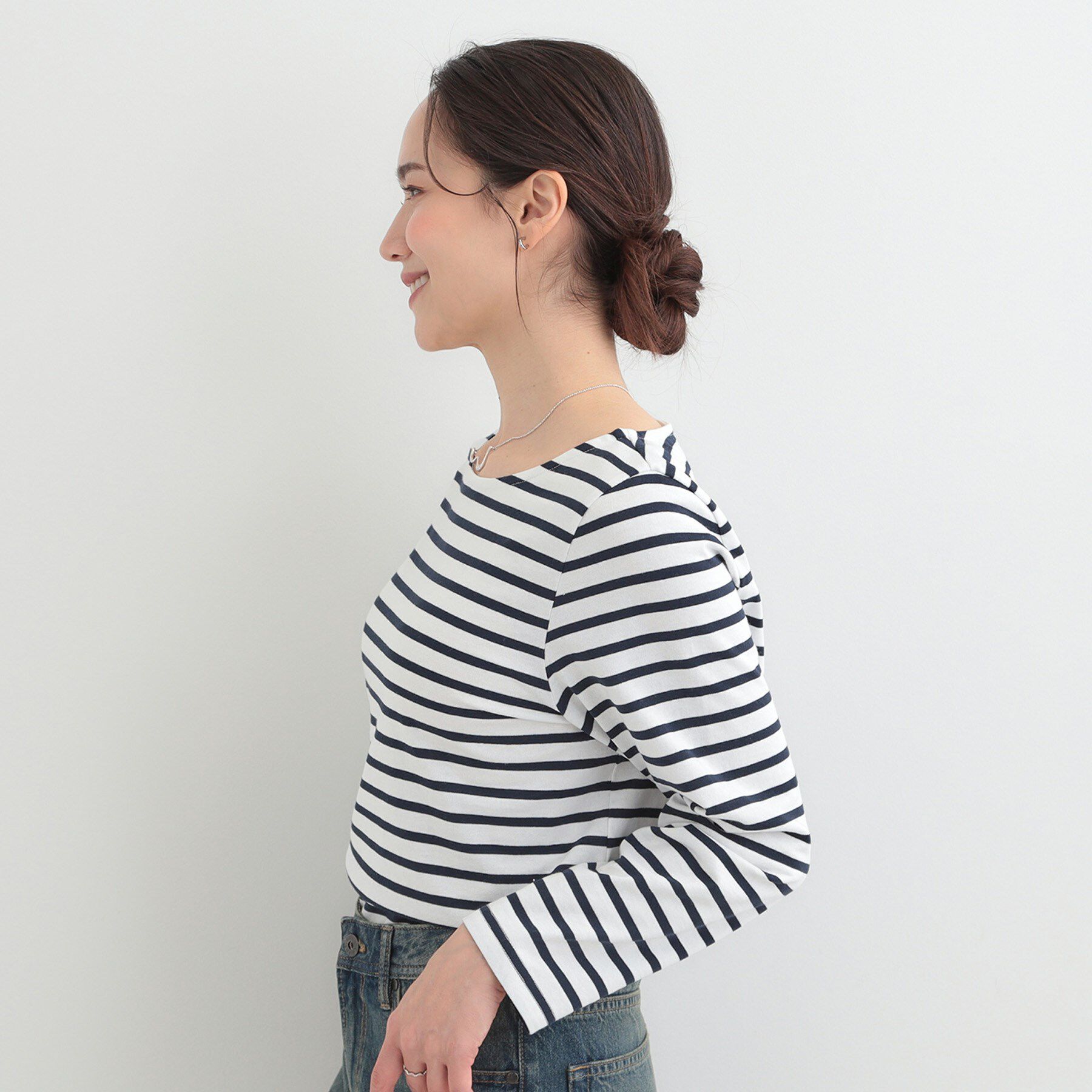 SHOO･LA･RUE「【S-LL/洗濯機可】着こなしいろいろ 首元すっきりボートネック ボーダーロンT」|Tシャツ・カットソー|