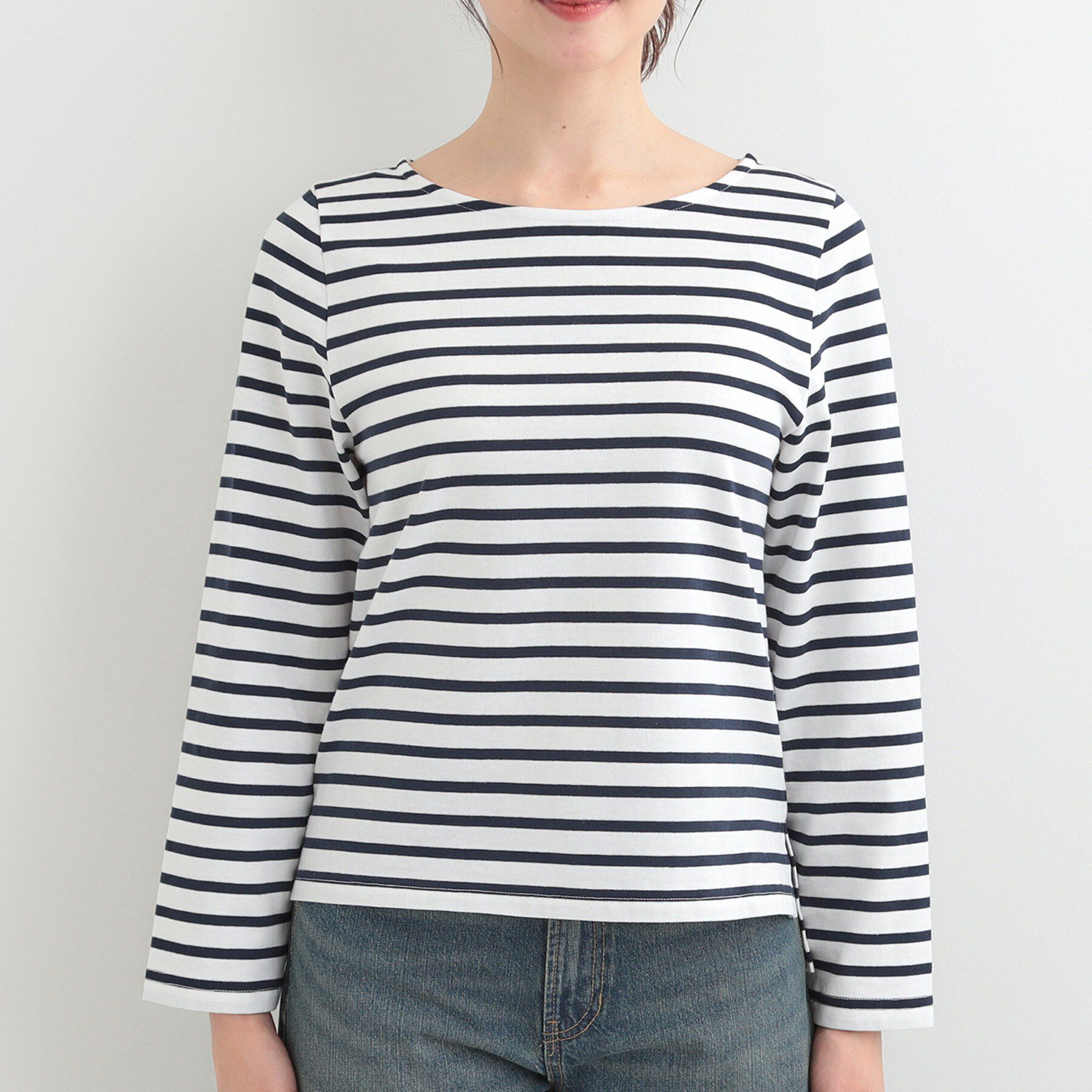 SHOO･LA･RUE「【S-LL/洗濯機可】着こなしいろいろ 首元すっきりボートネック ボーダーロンT」|Tシャツ・カットソー|