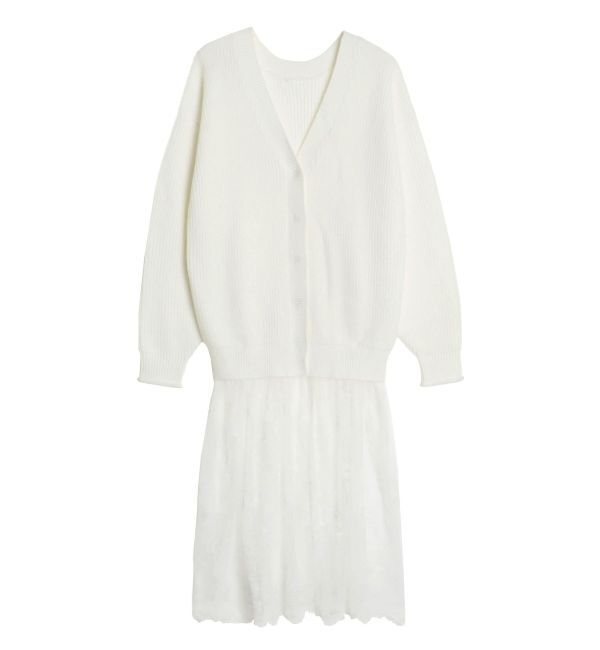 CALNAMUR「LACE&times;KNIT LONG CD/レース&times;ニットロングカーディガン」|カーディガン|アイボリー