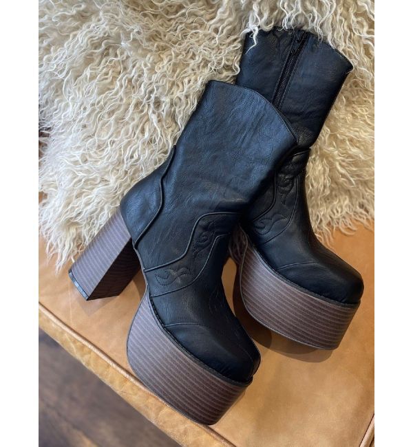 EVRIS「ウエスタンデザインプラットフォームブーツ」|ショートブーツ|ブラック