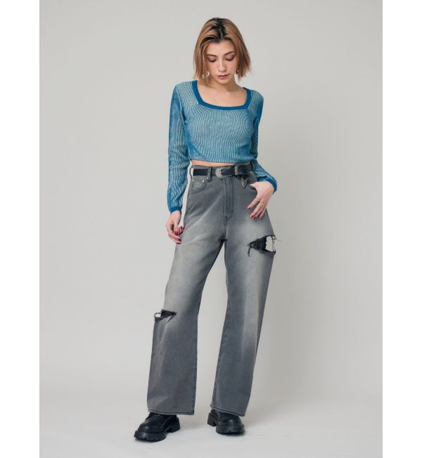 EVRIS「プレーティングリンガースクエアネックニットトップス」|ニット・セーター|