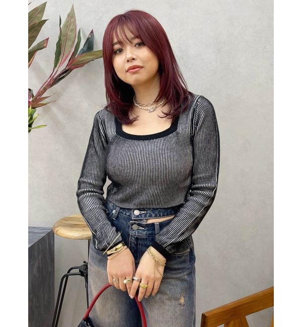 EVRIS「プレーティングリンガースクエアネックニットトップス」|ニット・セーター|