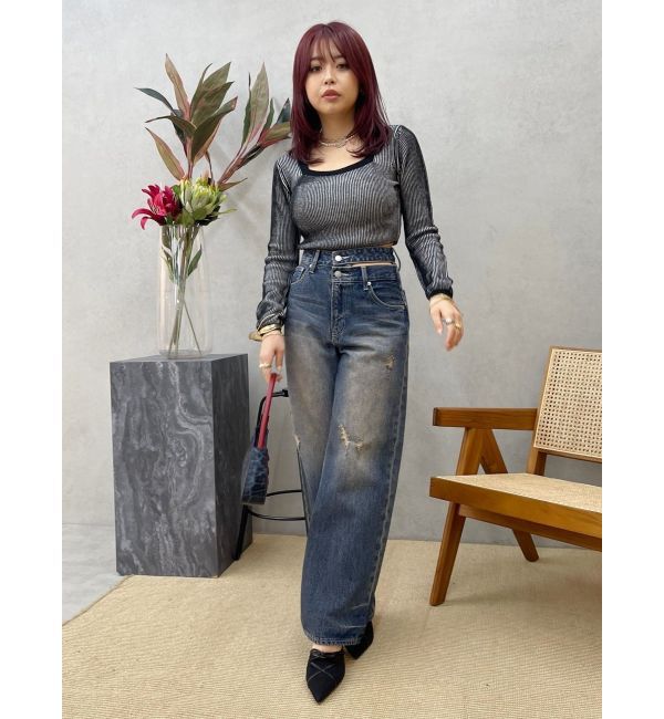 EVRIS「プレーティングリンガースクエアネックニットトップス」|ニット・セーター|