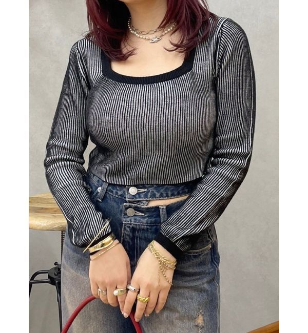 EVRIS「プレーティングリンガースクエアネックニットトップス」|ニット・セーター|ブラック