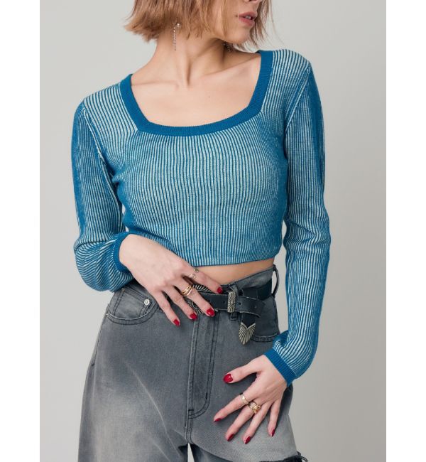 EVRIS「プレーティングリンガースクエアネックニットトップス」|ニット・セーター|ブルー