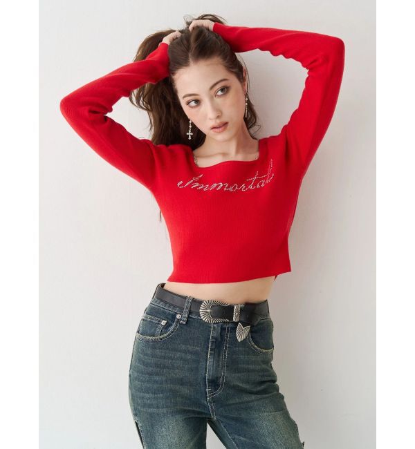 EVRIS「ラインストーンロゴニットトップス」|ニット・セーター|