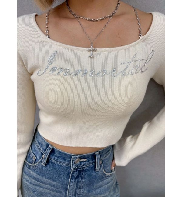 EVRIS「ラインストーンロゴニットトップス」|ニット・セーター|