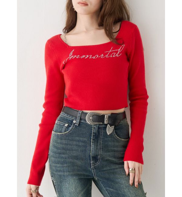 EVRIS「ラインストーンロゴニットトップス」|ニット・セーター|レッド