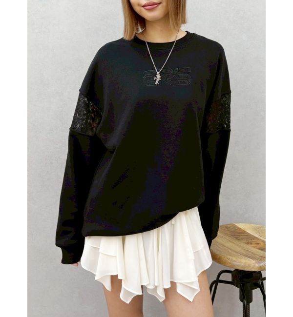EVRIS「レースEmbroideryスウェットトップス」|スウェット・ジャージ|ブラック