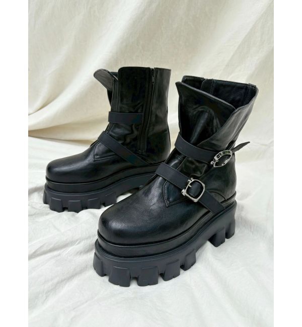 EVRIS「ダブルベルトバックルデザインワークブーツ」|ショートブーツ|ブラック