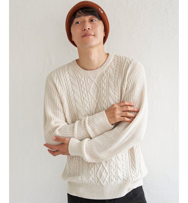ikka「アランケーブル抗菌リサイクルニット」|プルオーバー|オフホワイト