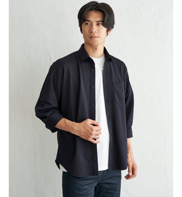 ikka「冷感鹿の子袖2wayスイスカラーシャツ」|シャツ・ブラウス|ネイビーブルー